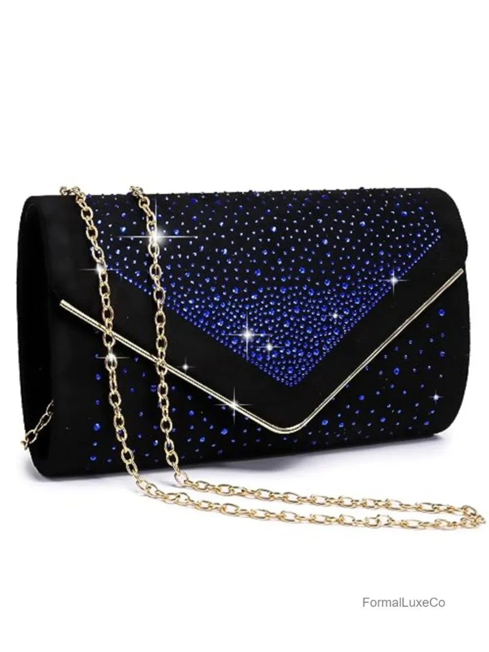 Faux Suede Rhinestone Evening Clutch with Detachable Chain Strap